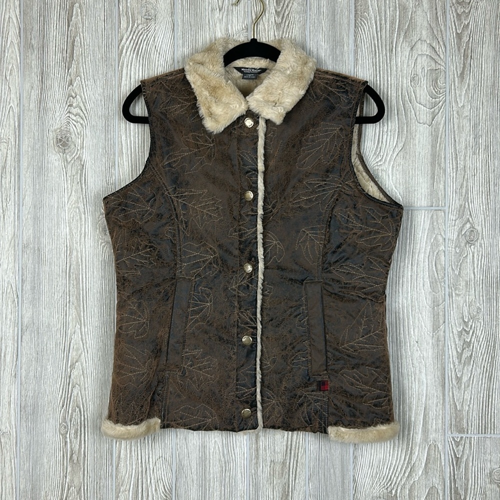 Woolrich Saddle Brown Leaf Embroidered Faux Leather Faux Fur Lined Vest Sz M